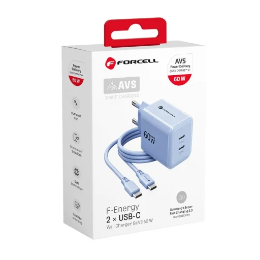 Forcell F-Energy GaN III Crystal Color sieťová nabíjačka 2x USB C AVS SSFC3.0 60 W + silikónový kábel USB C – USB C VT-60 modrá - 6