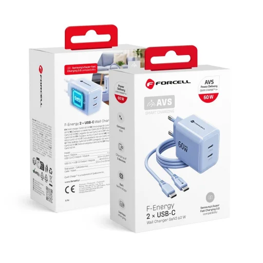 Forcell F-Energy GaN III Crystal Color sieťová nabíjačka 2x USB C AVS SSFC3.0 60 W + silikónový kábel USB C – USB C VT-60 modrá - 1