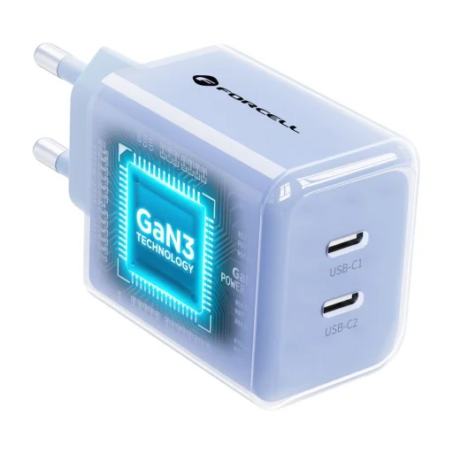 Forcell F-Energy GaN III Crystal Color sieťová nabíjačka 2x USB C AVS SSFC3.0 60 W + silikónový kábel USB C – USB C VT-60 modrá - 4