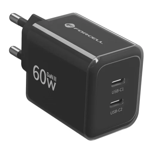 Forcell F-Energy GaN III Crystal Color sieťová nabíjačka 2 USB-C SSFC3.0, 60 W, so silikónovým káblom USB-C – USB-C, čierna - 3