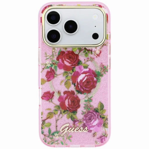 Apple iPhone 18 Pro / iPhone 17 Pro ružový pevný kryt Guess IML Glitter Blossom Roses - 3