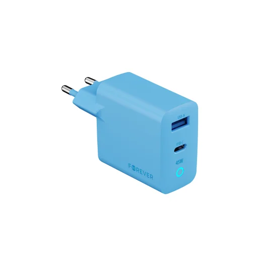 Forever Vibe-TC45AC GaN PD QC 45W sieťová nabíjačka s portmi USB-C a USB-A, svetlomodrá - 1