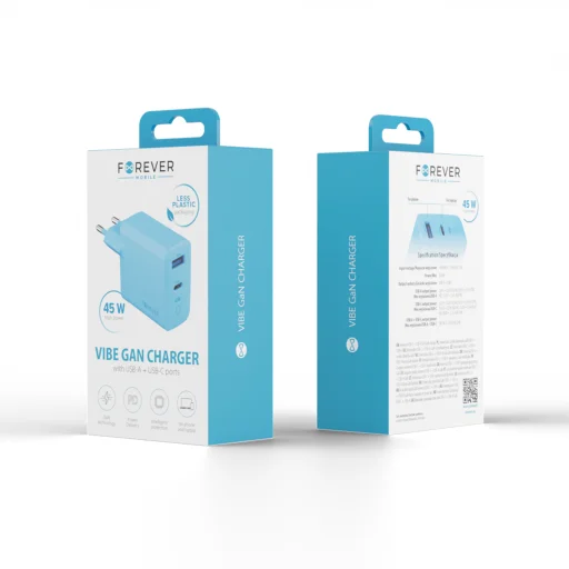 Forever Vibe-TC45AC GaN PD QC 45W sieťová nabíjačka s portmi USB-C a USB-A, svetlomodrá - 2
