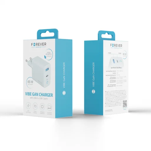 Forever Vibe-TC45AC gálium-nitridová rýchlonabíjačka 1 ks USB-C 1 ks USB 45 W strieborná - 2