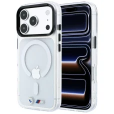 iPhone 18 Pro / 17 Pro priehľadný MagSafe kryt BMW M IML s lesklým kovovým logom a ozdobným pruhom
