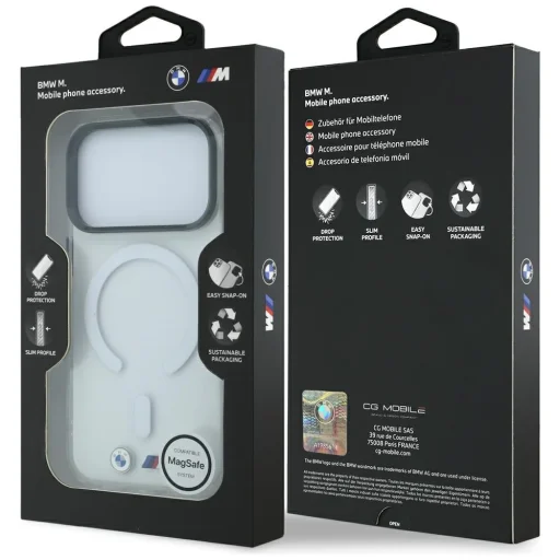 iPhone 18 Pro / 17 Pro priehľadný MagSafe kryt BMW M IML s lesklým kovovým logom a ozdobným pruhom - 8