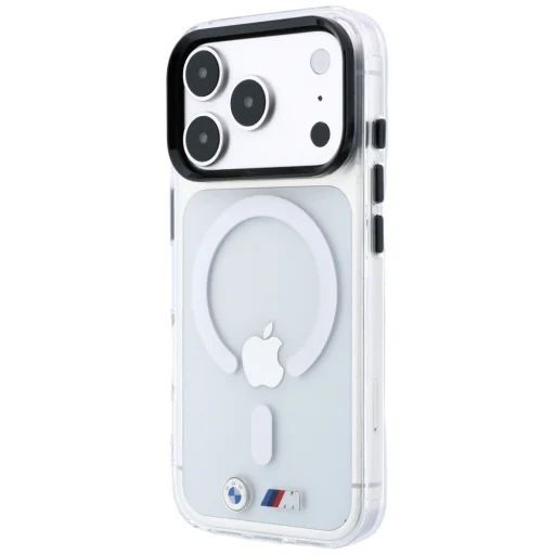 iPhone 18 Pro / 17 Pro priehľadný MagSafe kryt BMW M IML s lesklým kovovým logom a ozdobným pruhom - 2
