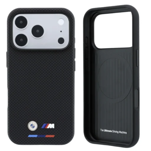 iPhone 18 Pro čierne BMW M kevlarové puzdro so štvorcovým vzorom, trojfarebným a kovovým logom, MagSafe - 11