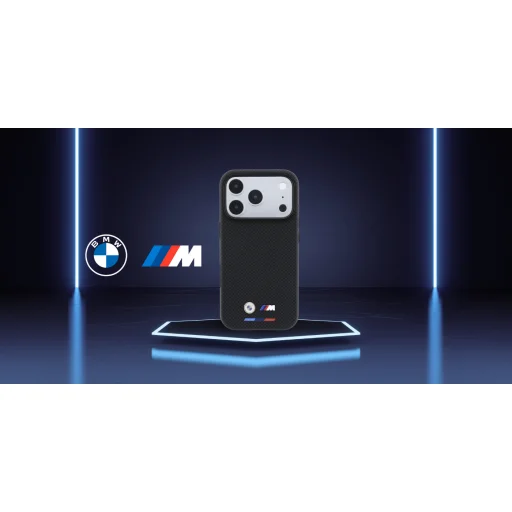 iPhone 18 Pro čierne BMW M kevlarové puzdro so štvorcovým vzorom, trojfarebným a kovovým logom, MagSafe - 9
