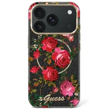 iPhone 18 Pro / 17 Pro čierne puzdro Guess IML Glitter Blossom Roses