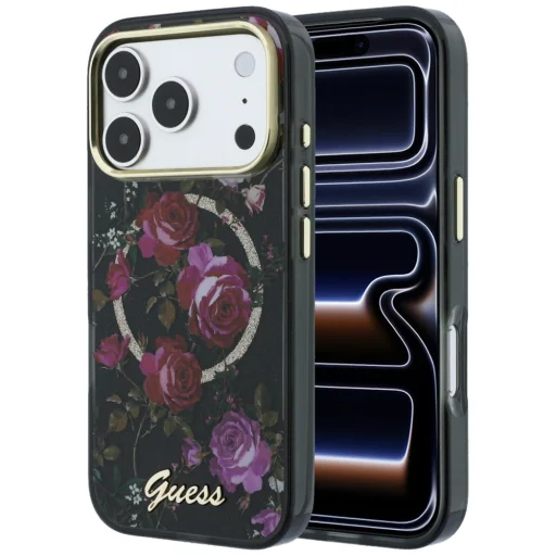 iPhone 18 Pro / 17 Pro čierne puzdro Guess IML Glitter Blossom Roses - 1