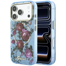 Svetlomodré puzdro Guess IML Glitter Blossom Roses pre iPhone 18 Pro Max / 17 Pro Max