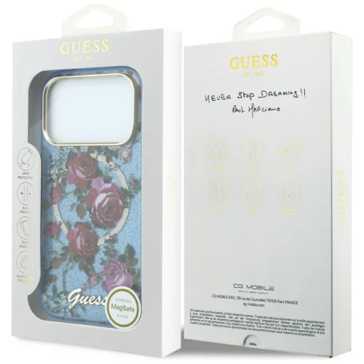 Apple iPhone 18 Pro / 17 Pro svetlomodré puzdro Guess IML Glitter Blossom Roses - 2
