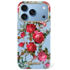 Apple iPhone 18 Pro / 17 Pro svetlomodré puzdro Guess IML Glitter Blossom Roses