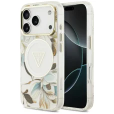 Apple iPhone 18 Pro / 17 Pro biele puzdro Guess IML Glitter Flowers Triangle MagSafe