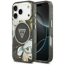 iPhone 18 Pro / 17 Pro čierne puzdro Guess IML Glitter Flowers Triangle MagSafe
