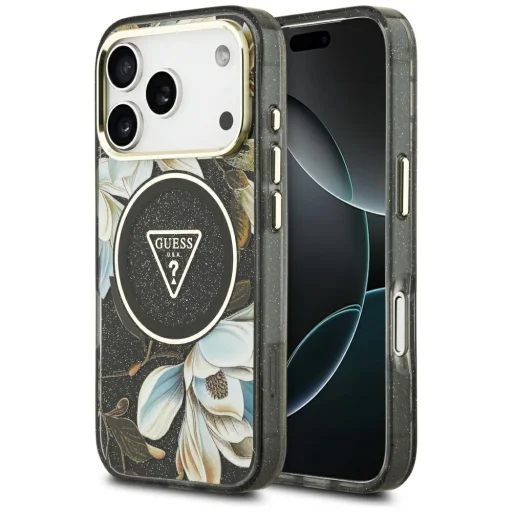 iPhone 18 Pro / 17 Pro čierne puzdro Guess IML Glitter Flowers Triangle MagSafe - 1