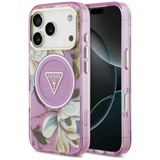 iPhone 18 Pro / 17 Pro fialové puzdro Guess IML Glitter Flowers Triangle MagSafe