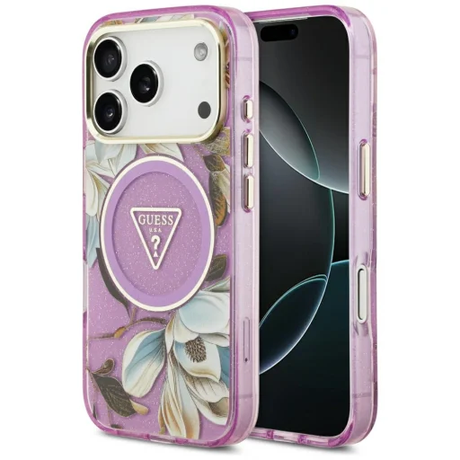 iPhone 18 Pro / 17 Pro fialové puzdro Guess IML Glitter Flowers Triangle MagSafe - 1