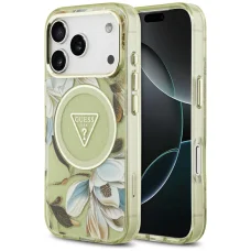 Zelený kryt Guess IML Glitter Flowers Triangle MagSafe pre iPhone 18 Pro / 17 Pro