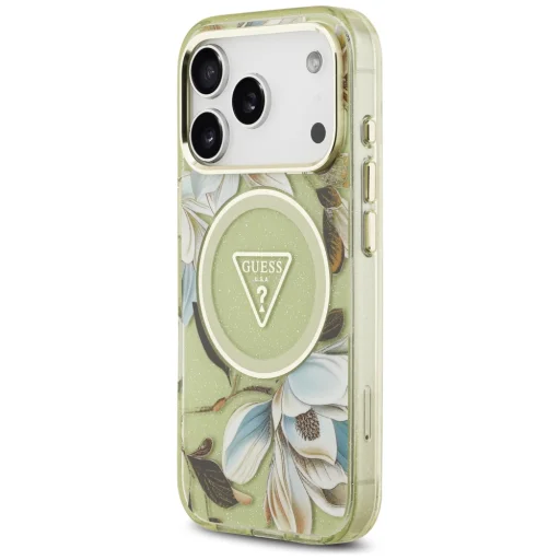 Zelený kryt Guess IML Glitter Flowers Triangle MagSafe pre iPhone 18 Pro / 17 Pro - 2