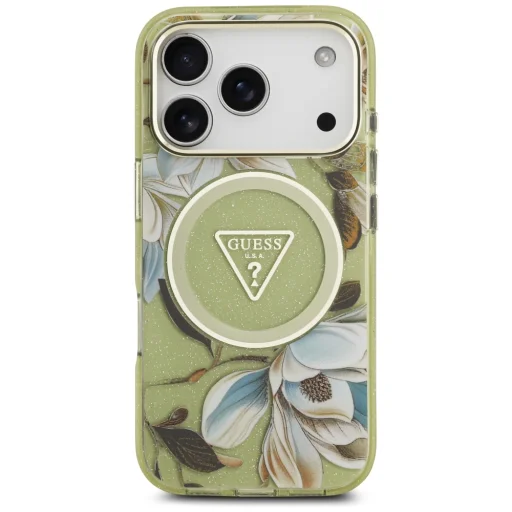 Zelený kryt Guess IML Glitter Flowers Triangle MagSafe pre iPhone 18 Pro / 17 Pro - 3