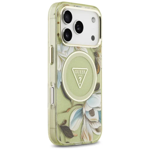 Zelený kryt Guess IML Glitter Flowers Triangle MagSafe pre iPhone 18 Pro / 17 Pro - 4