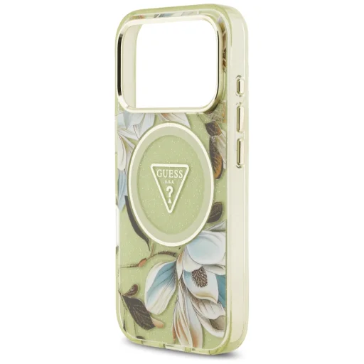 Zelený kryt Guess IML Glitter Flowers Triangle MagSafe pre iPhone 18 Pro / 17 Pro - 6