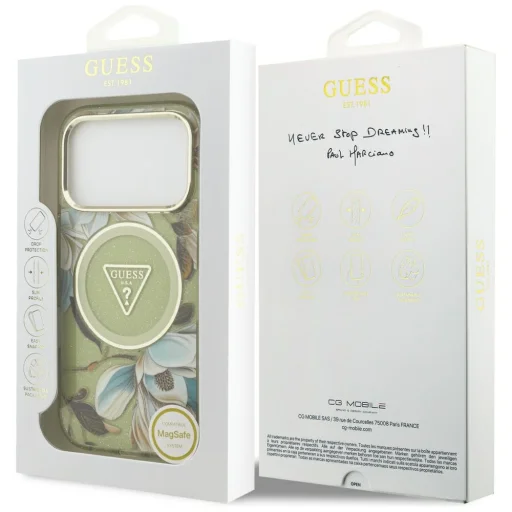 Zelený kryt Guess IML Glitter Flowers Triangle MagSafe pre iPhone 18 Pro / 17 Pro - 8