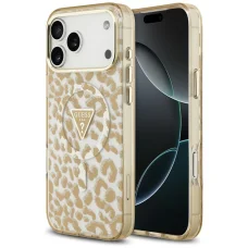iPhone 18 Pro / iPhone 17 Pro hnedý Guess IML Leopard Glitter Triangle Logo MagSafe pevný kryt