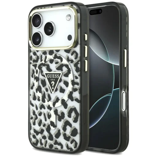 iPhone 18 Pro / iPhone 17 Pro čierny Guess IML Leopard Glitter Triangle Logo MagSafe pevný kryt - 1
