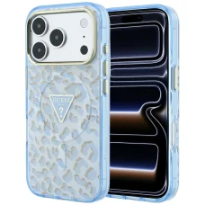 iPhone 18 Pro / 17 Pro modré puzdro Guess IML Leopard Glitter Triangle Logo MagSafe