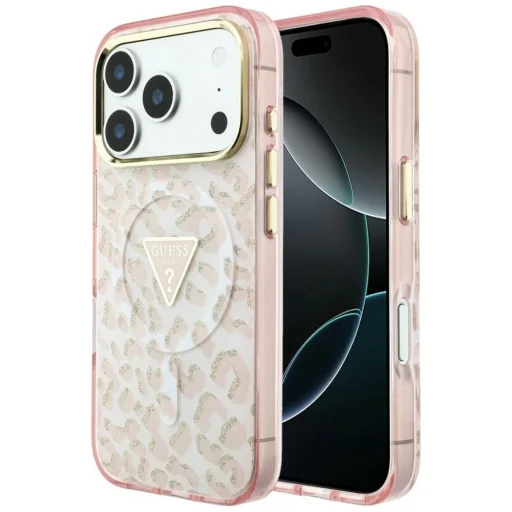  iPhone 18 Pro Max / iPhone 17 Pro Max rózsaszín Guess IML Leopard Glitter Triangle Logo MagSafe keménytok - 1