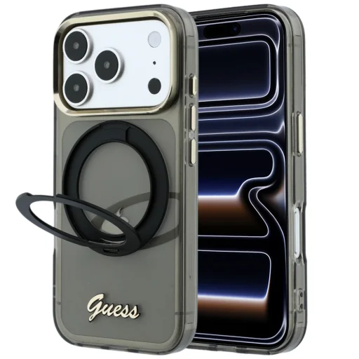 iPhone 18 Pro / 17 Pro čierne Guess IML Ring Stand 360 Script puzdro s kovovým logom MagSafe - 1
