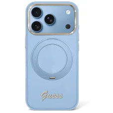 iPhone 18 Pro / 17 Pro svetlomodrý Guess IML Ring Stand 360 Script MagSafe kryt s kovovým logom