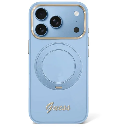 iPhone 18 Pro / 17 Pro svetlomodrý Guess IML Ring Stand 360 Script MagSafe kryt s kovovým logom - 1