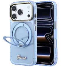 iPhone 18 Pro Max / 17 Pro Max svetlomodré puzdro Guess IML Ring Stand 360 Script Metal Logo MagSafe
