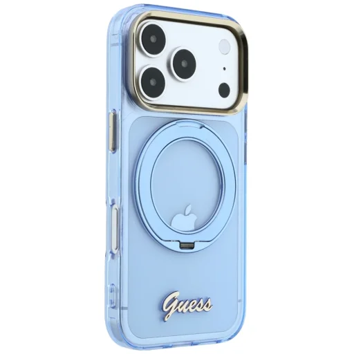 iPhone 18 Pro Max / 17 Pro Max svetlomodré puzdro Guess IML Ring Stand 360 Script Metal Logo MagSafe - 7