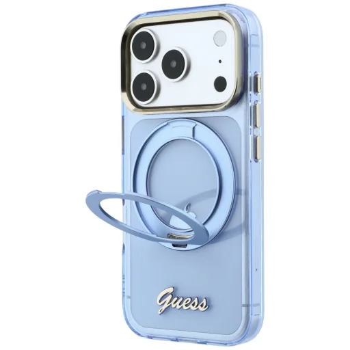 iPhone 18 Pro Max / 17 Pro Max svetlomodré puzdro Guess IML Ring Stand 360 Script Metal Logo MagSafe - 2