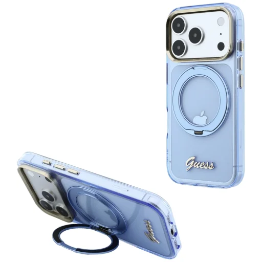 iPhone 18 Pro Max / 17 Pro Max svetlomodré puzdro Guess IML Ring Stand 360 Script Metal Logo MagSafe - 3