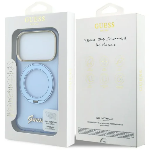iPhone 18 Pro Max / 17 Pro Max svetlomodré puzdro Guess IML Ring Stand 360 Script Metal Logo MagSafe - 6