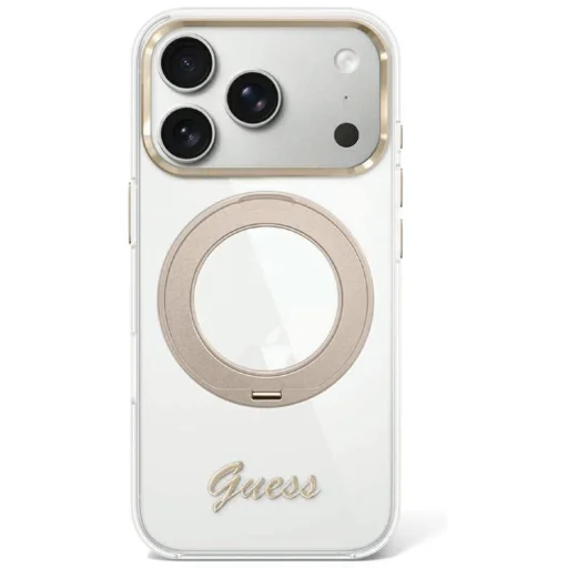  iPhone 18 Pro Max / 17 Pro Max Átlátszó Guess IML Ring Stand 360 Script Metal Logo MagSafe tok - 1