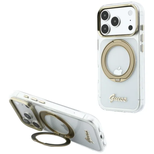 iPhone 18 Pro / 17 Pro priehľadný kryt Guess IML Ring Stand 360 Script Metal Logo MagSafe - 6