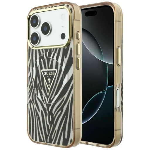  iPhone 18 Pro Max / iPhone 17 Pro Max arany Guess IML Zebra Glitter Triangle Logo MagSafe tok - 1
