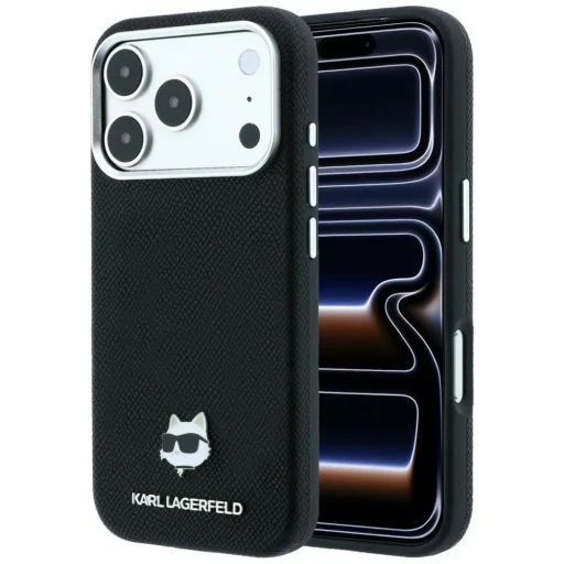 iPhone 18 Pro / 17 Pro čierne Karl Lagerfeld Grained Choupette Head Metal MagSafe puzdro - 1