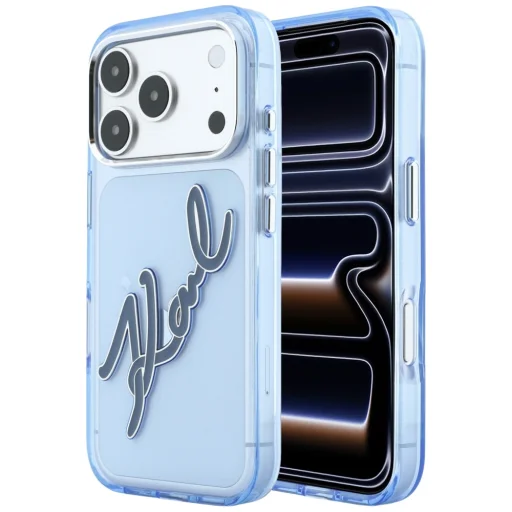 iPhone 18 Pro Max / 17 Pro Max kék Karl Lagerfeld IML Big Signature műgyanta tok fémkerettel - 1