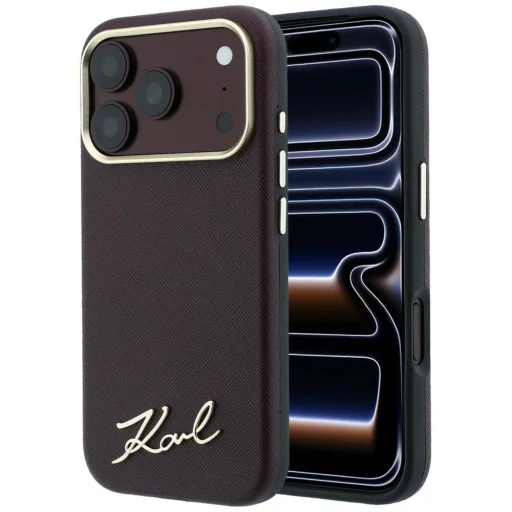  iPhone 18 Pro Max / 17 Pro Max bordó Karl Lagerfeld Saffiano Small Script Metal Logo MagSafe tok - 1