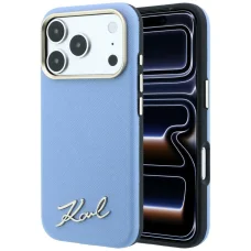 iPhone 18 Pro / 17 Pro svetlomodrý Karl Lagerfeld Saffiano Small Script Metal Logo MagSafe kryt