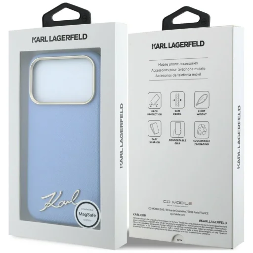  iPhone 18 Pro Max / 17 Pro Max világoskék Karl Lagerfeld Saffiano Small Script Metal Logo MagSafe tok - 8