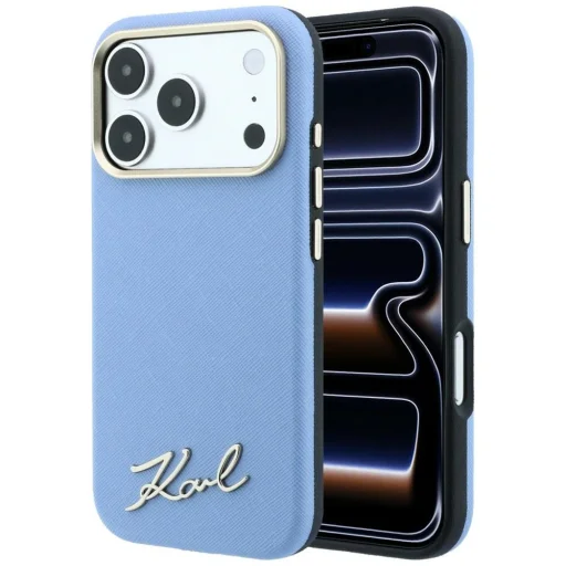  iPhone 18 Pro Max / 17 Pro Max világoskék Karl Lagerfeld Saffiano Small Script Metal Logo MagSafe tok - 1
